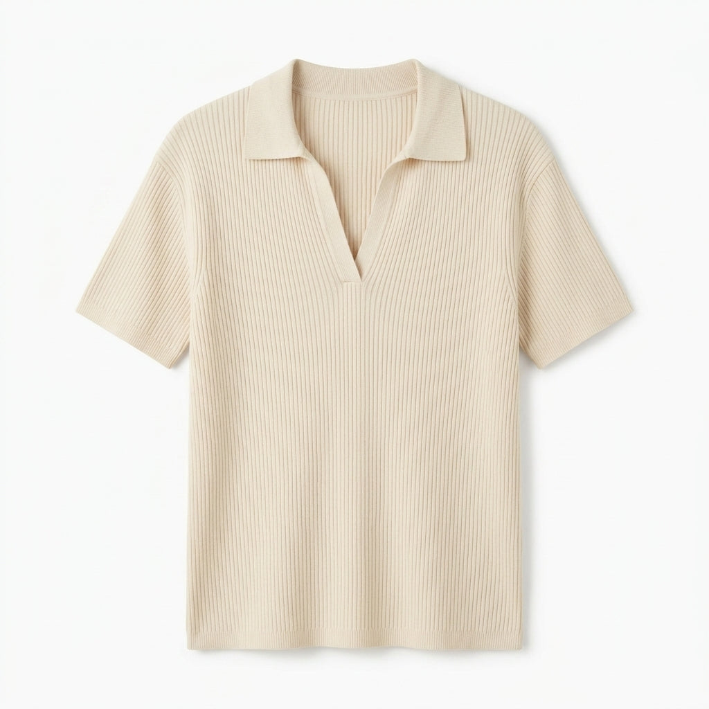 Qwecridj™ Studio Ribbed Knit Polo – Gender-Neutral Short-Sleeve Polo Shirt, Relaxed Knit Top, Quiet Luxury Essential